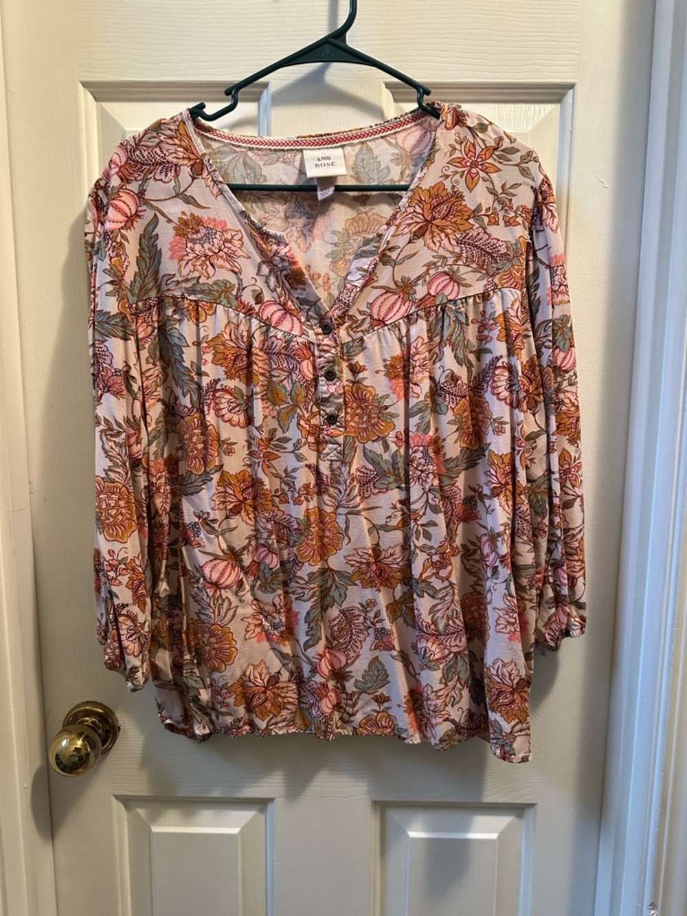 Knox Rose Floral Button-Front Peasant Blouse in Pink and Brown